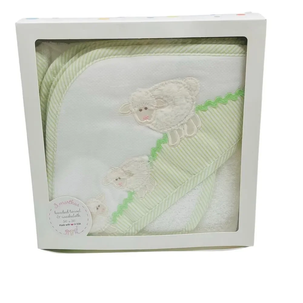 NWT 3 Martha's OS Lamb Hooded Towel & Washcloth Set